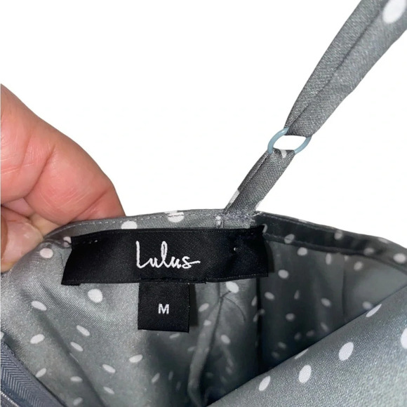 Lulus Spot in My Heart Polka Dot Gray Satin Cowl Neck Mini Dress - Picture 9 of 13